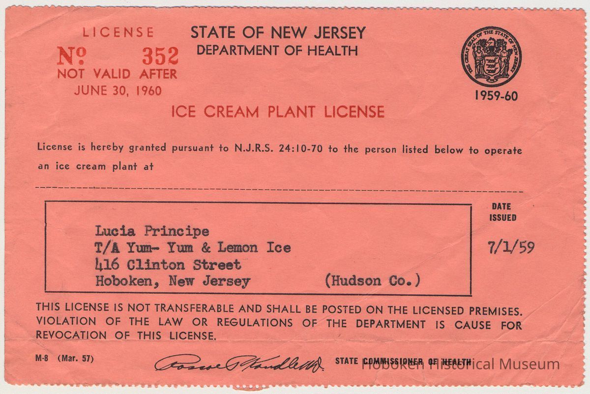 Ice Cream Plant License from the Dept. of Health, State of New Jersey to Lucia Principe, Yum Yum & Lemon Ice, 416 Clinton St., Hoboken, for 1959-1960. picture number 1