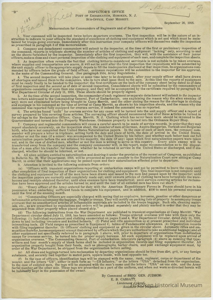 Memorandum, Port of Embarkation, Sept. 20, 1918