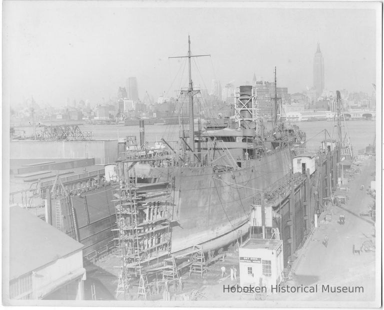 B+W photo of an unknown ship in dry dock, pier 3, Hoboken, no date, ca. 1940. picture number 1