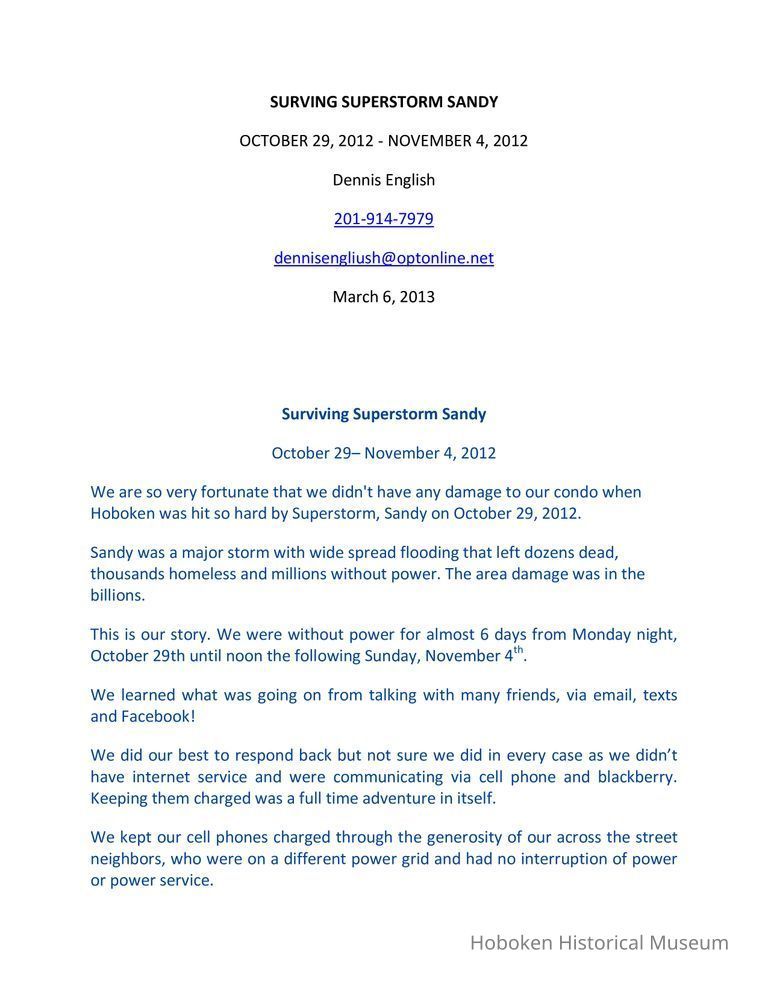 Memoir: Dennis English, SURVIVING SUPERSTORM SANDY OCTOBER 29, 2012 - NOVEMBER 4, 2012. Written Hoboken, March 6, 2013. picture number 1