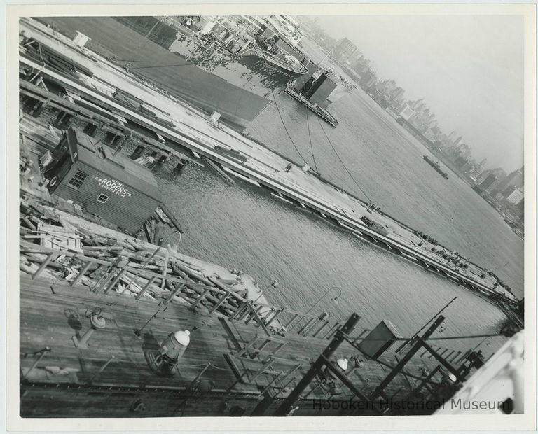 B+W photo of the construction of Pier 5 (formerly Pier 14)at the Bethlehem Steel Shipyard, Hoboken Division, Sept. 18, 1957. picture number 1