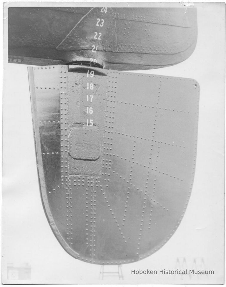 B+W photo of a profile view of the rudder of an unknown ship, Hoboken, no date, ca. 1940. picture number 1