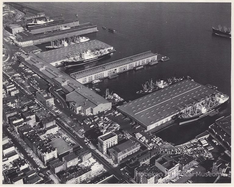 B+W aerial photo of Port Authority piers A, B & C, Hoboken, n.d., ca. 1956-1959. picture number 1