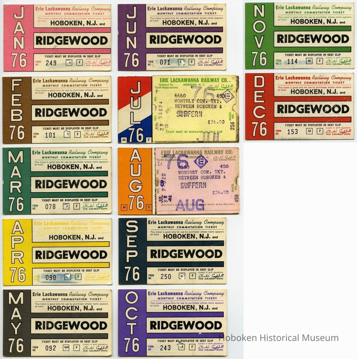 twelve 1976 Erie Lackawanna Railway monthly commutation tickets
