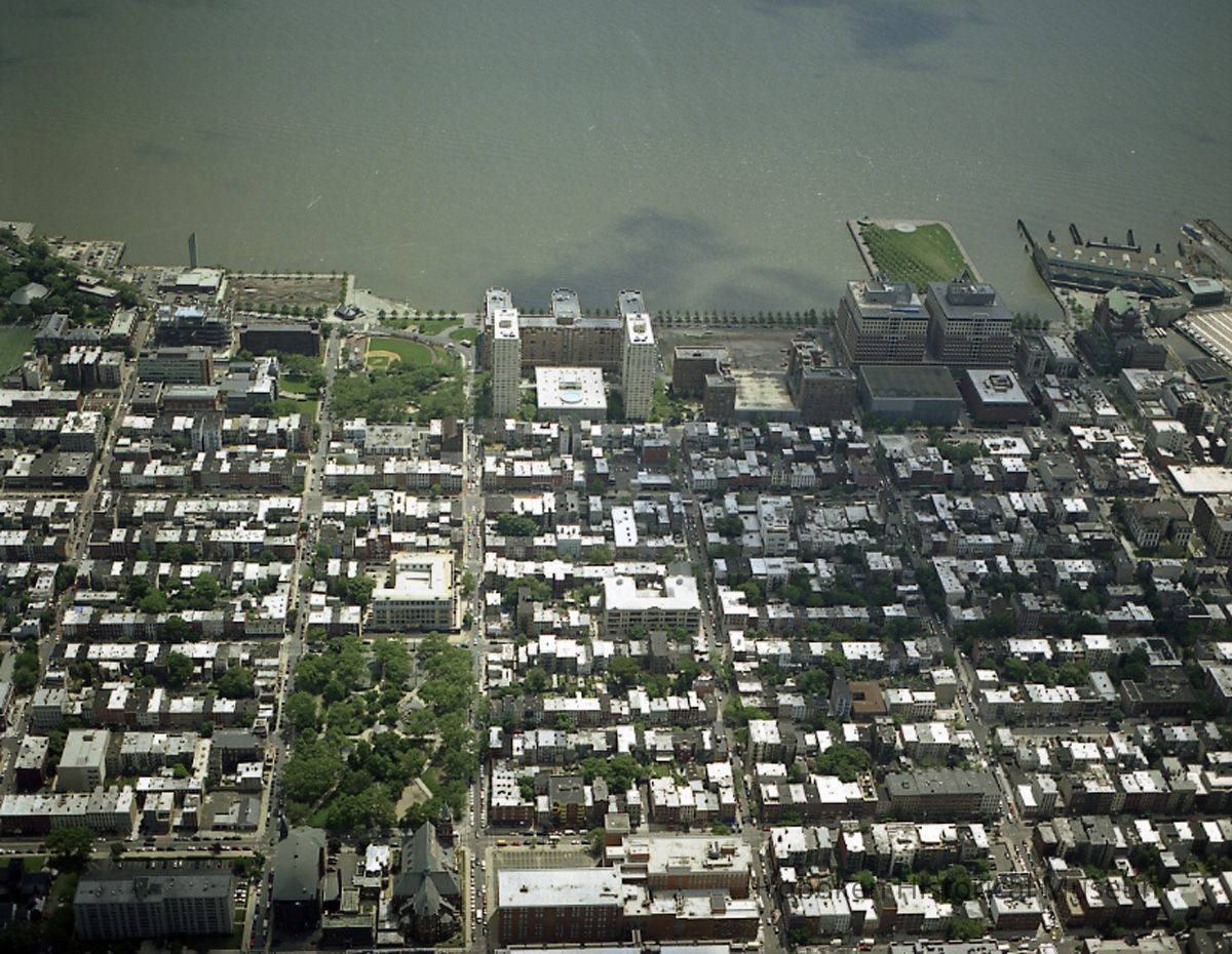 Digital reference image of color aerial view of Hoboken, June 6, 2003. Image number 8580. Photographer, Lee Ross, 
