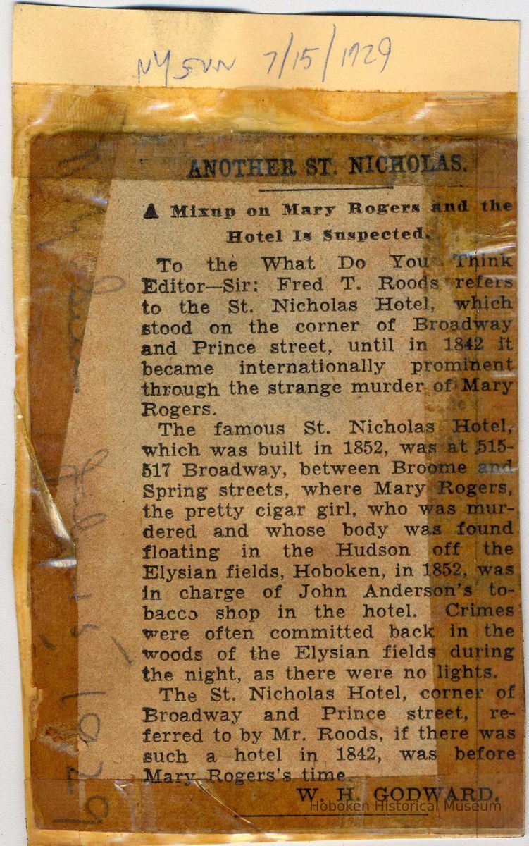 Digital image of newsclipping: Another St. Nicholas. A Mixup on Mary Rogers and the Hotel is Suspected. N.Y. Sun, July 15, 1929. picture number 1