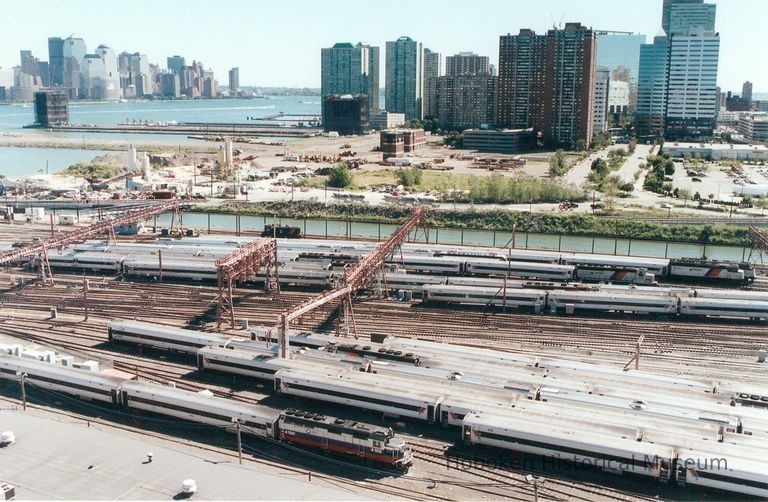 Digital image of color photo of an aerial view of New Jersey Transit passenger trains locomotives in the yard, Hoboken Terminal, Hoboken, Sept. 2002. picture number 1