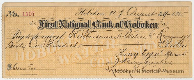 Check of the Hoboken Water Commissioners drawn on 1st National Bank of Hoboken, Aug. 29, 1895. picture number 1