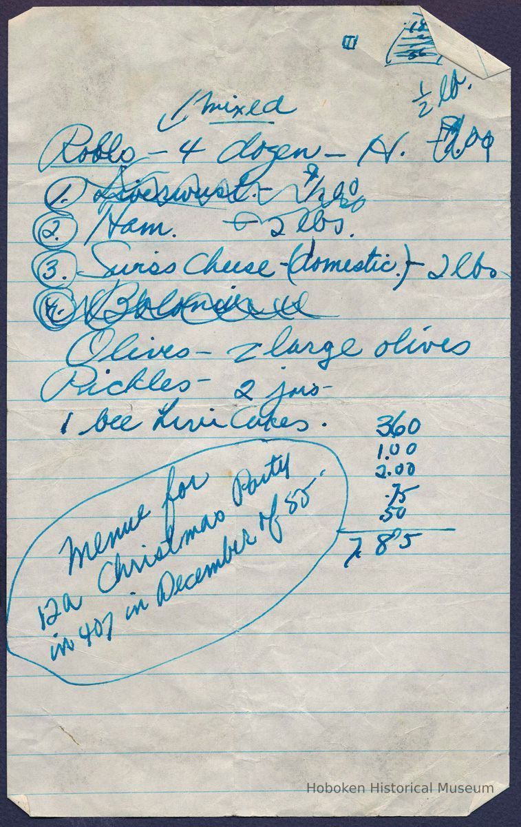 Digital image of holographic menu of foods, quantities and costs, for class 12 Christmas Party, Demarest High School, Hoboken, Dec., 1955. picture number 1