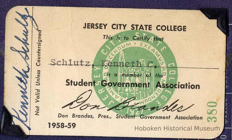 Digital image of a Jersey City State College Student Government Assn. membership card belonging to Kenneth Schultz of Hoboken, 1958-59. picture number 1