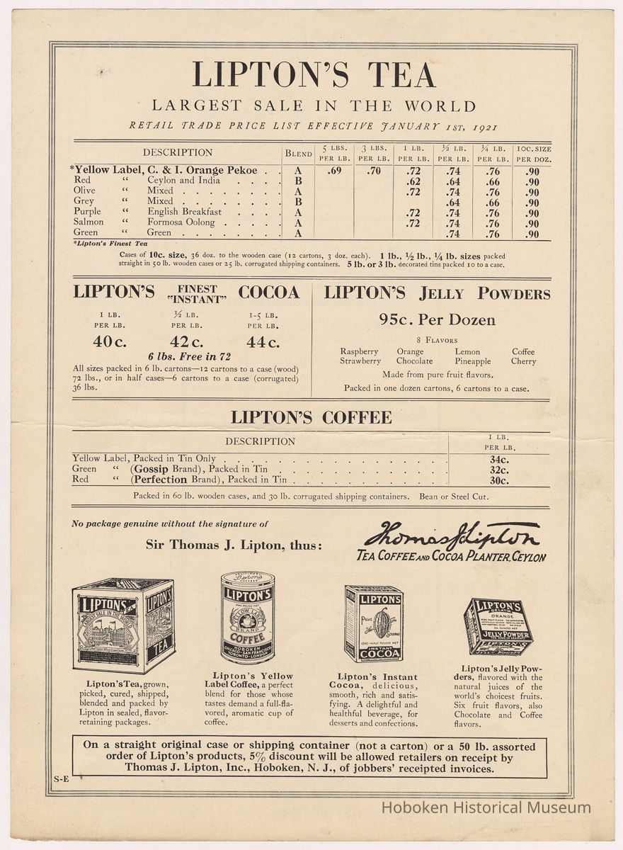 side 1: price list Lipton's Tea, Cocoa, Jelly Powders, Coffee