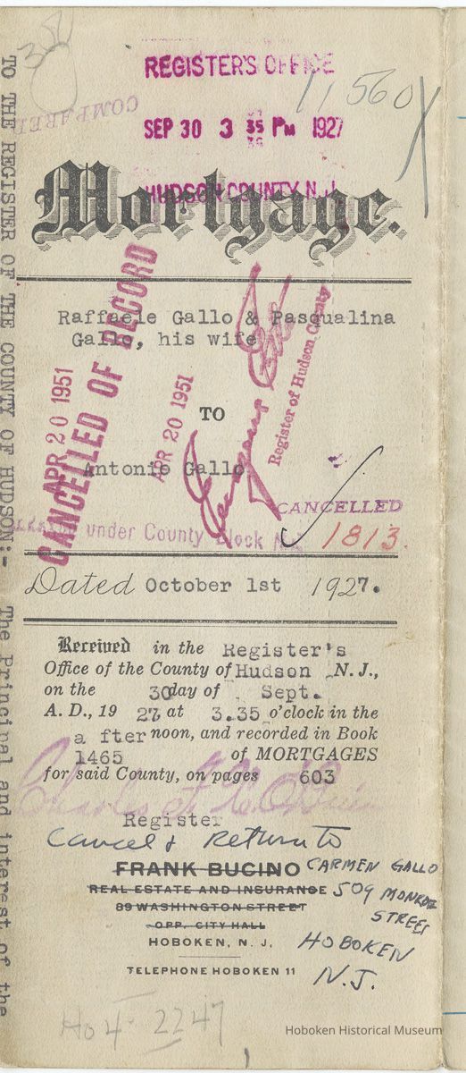 Digital images of Oct. 1, 1927 mortgage by Raffaele and Pasqualina Gallo to Antonio Gallo for lot no. 5 and part of lot no. 6 in block 67 on Monroe Street. picture number 1