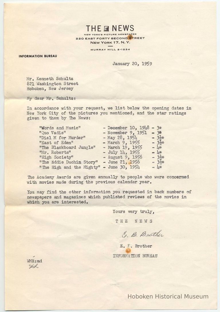 Digital image of a typewritten letter to Kenneth Schultz of Hoboken from 'The [Daily] News