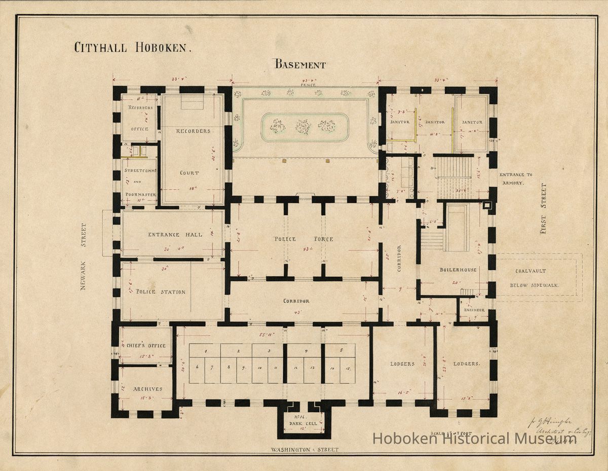 City Hall Hoboken Basement (ground floor) plan 1880