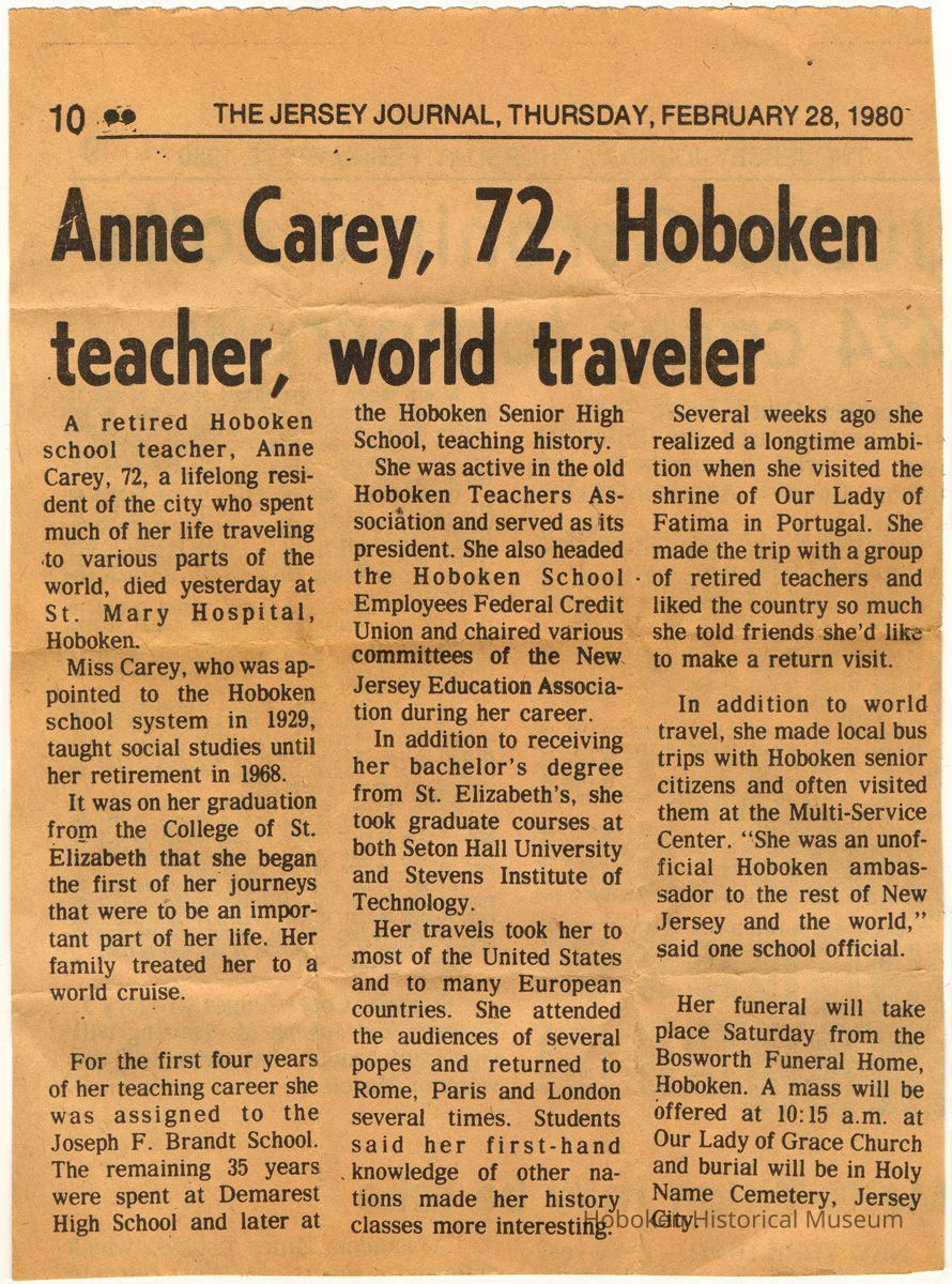 Obituary of Thursday, Feb. 28, 1980 for Anne Carey, deceased February 27, 1980, Hoboken. picture number 1