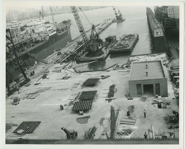 B+W photo of the construction of Pier 5 (formerly Pier 14) at the Bethlehem Steel Shipyard, Hoboken Division, Sept. 18, 1957. picture number 1