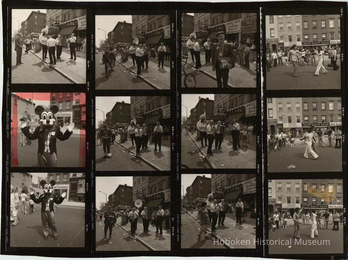 B+W negative contact sheet of images of Hoboken taken by John Conn. no date, [1976]. picture number 1