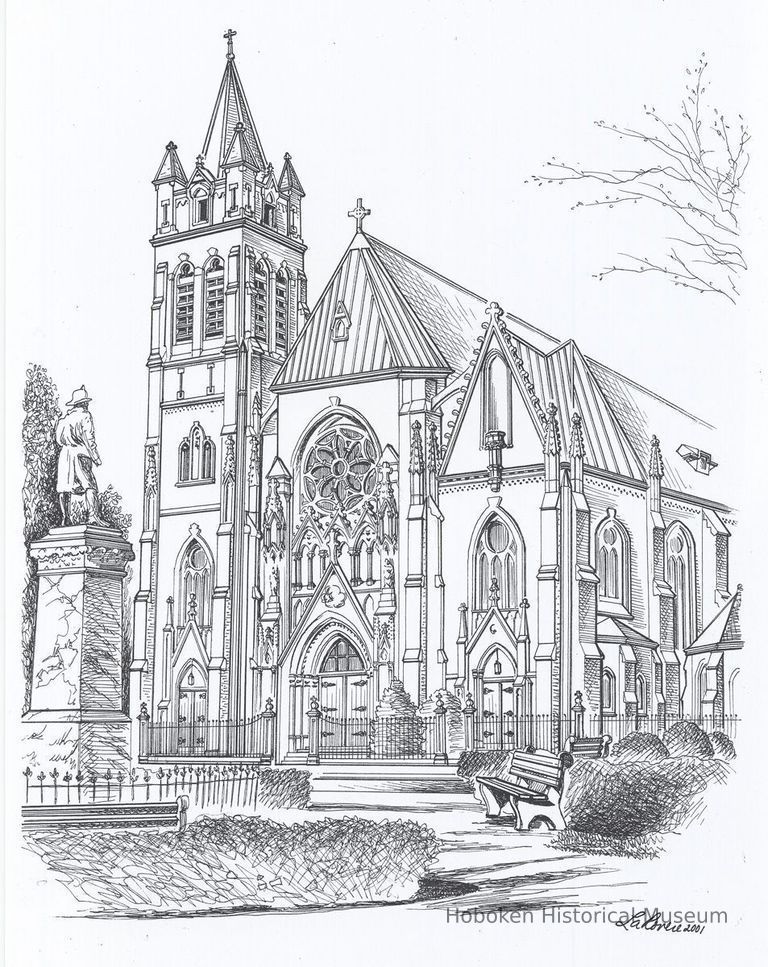 B+W print of drawing: Our Lady of Grace Church, Hoboken, N.J. By Richard La Rovere, 2001. picture number 1