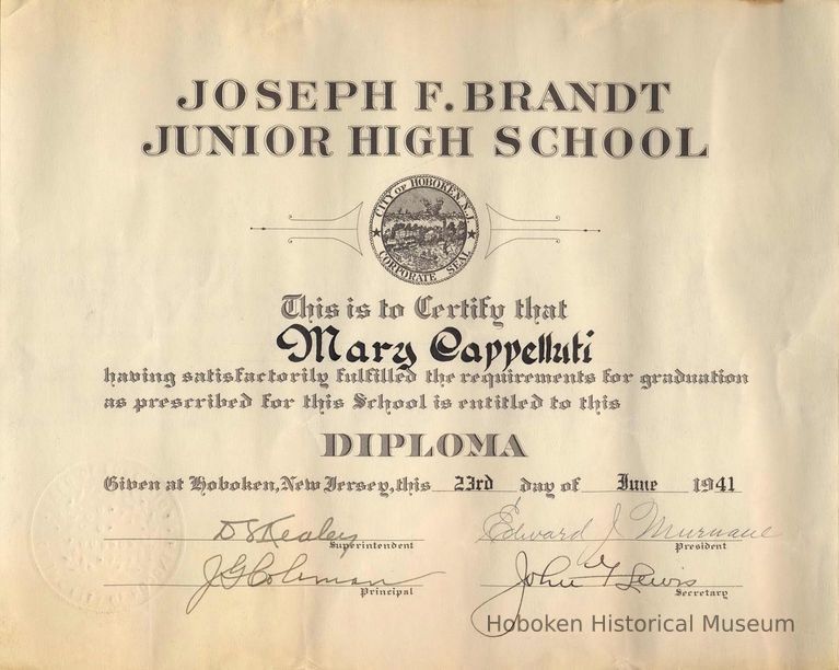 Graduation diploma of Mary Cappelluti (Amato), Class of 1941, Joseph F. Brandt Junior High School, Hoboken, June 1941. picture number 1