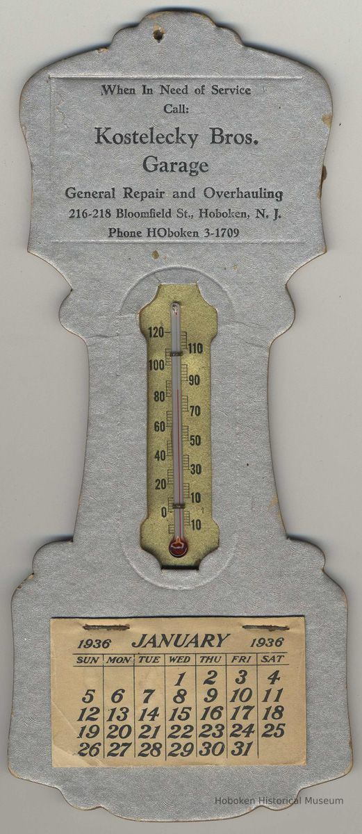 Die-cut printed wall calendar with thermometer from Kostelecky Bros. Garage, 216-218 Bloomfield St., Hoboken, 1935-1936. picture number 1