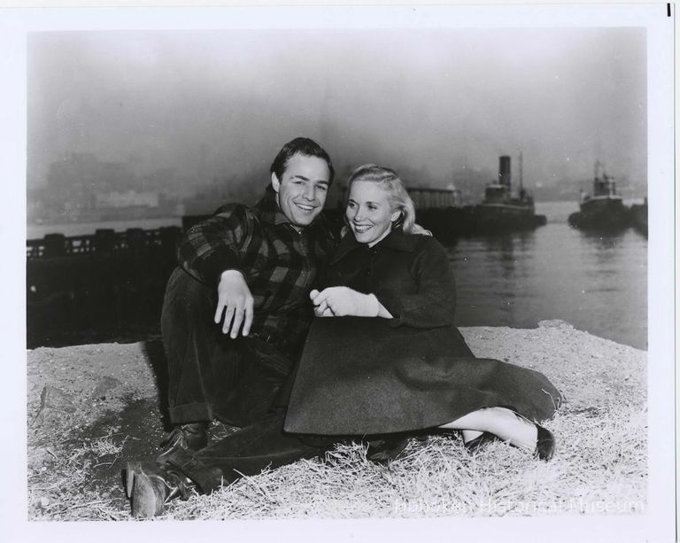 B+W publicity photo of Marlon Brando as Terry Malloy with Eva Marie Saint as Edie Doyle in film 