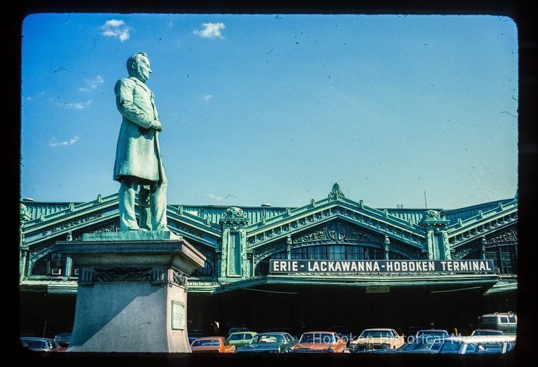 Color slide of eye-level view of the Lackawanna Terminal façade with Sam Sloan statue picture number 1