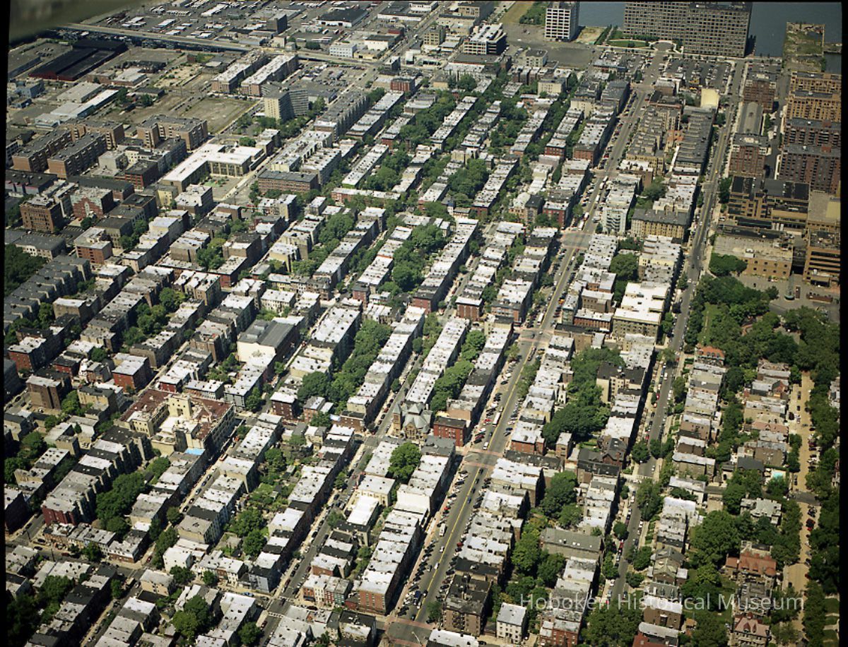 Digital reference image of color aerial view of Hoboken, July 17, 2003. Image number 9136. Photographer, Lee Ross, 