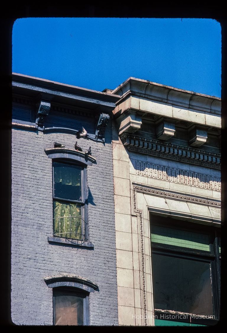 Color slide of detail view of cornices, brackets, dentils, and frieze at 220 and 222 Washington between 2nd and 3rd picture number 1