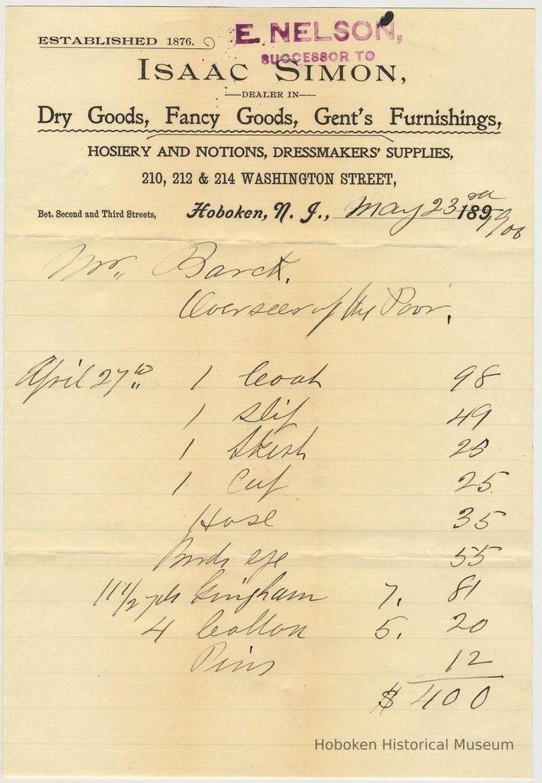 Bill from E. Nelson, 210, 212 & 214 Washington St., Hoboken to Mr. Barck for clothing & fabric, May 23, 1908. picture number 1