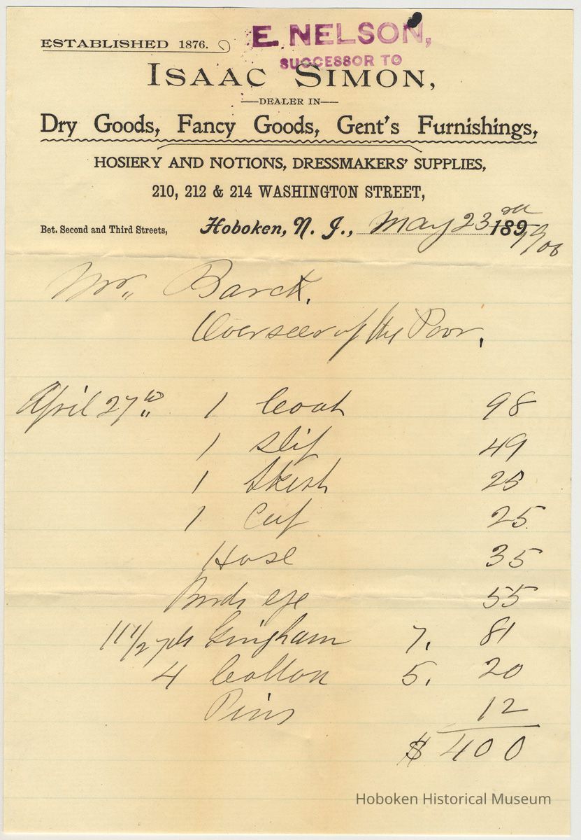 Bill from E. Nelson, 210, 212 & 214 Washington St., Hoboken to Mr. Barck for clothing & fabric, May 23, 1908. picture number 1