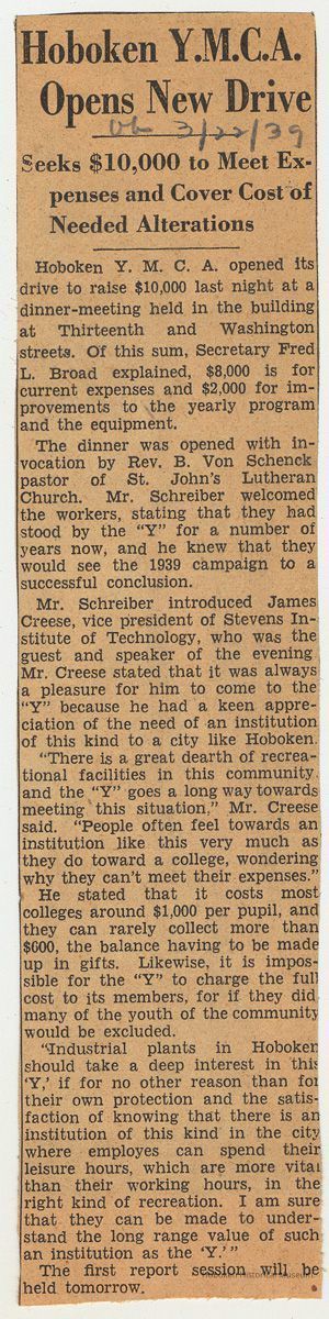 1: Hoboken YMCA Opens New Drive; March 22, 1939