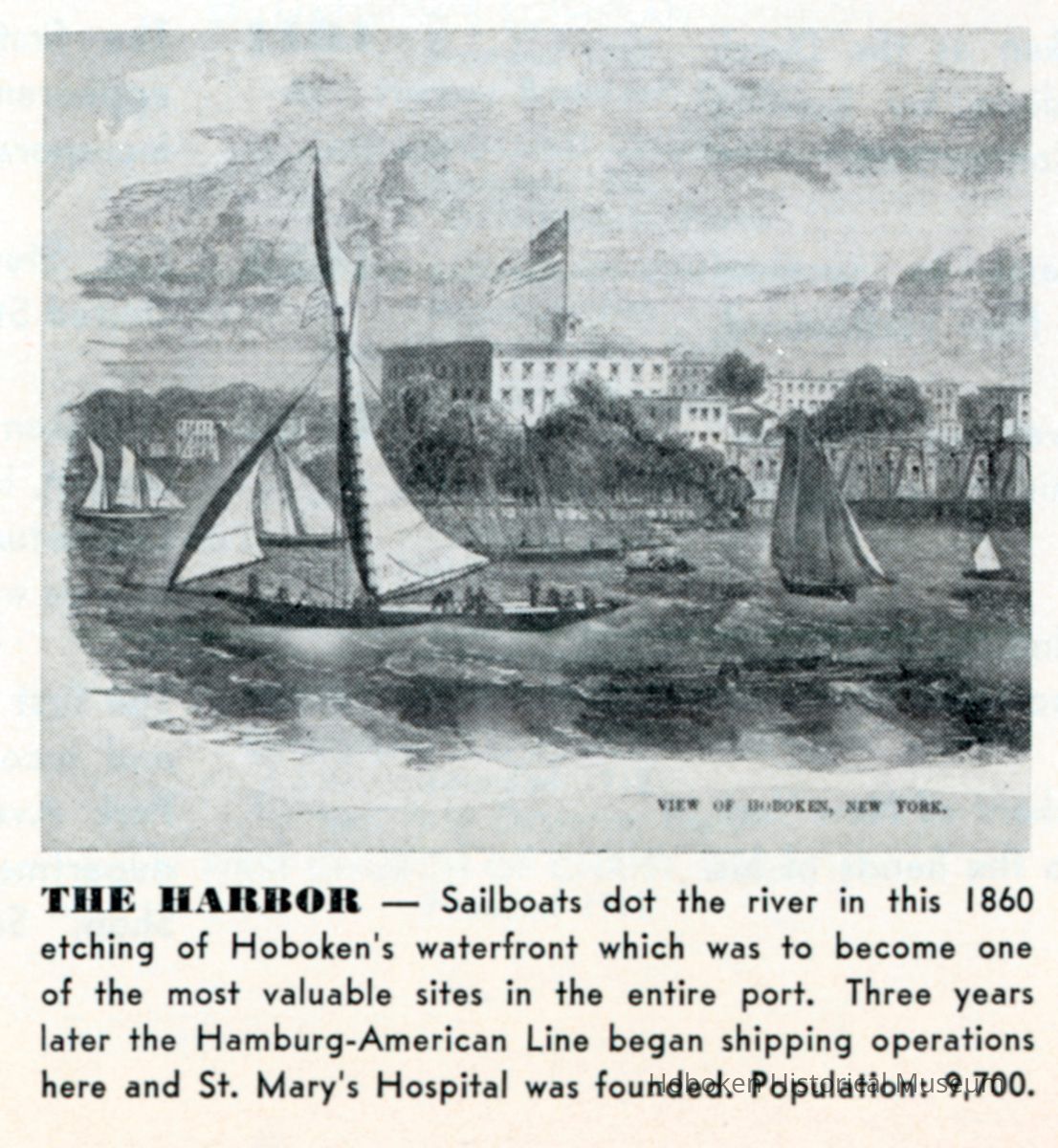 Reference image: Etching of sailboats in the harbor and a westward view of the waterfront, Hoboken, ca. 1860's. picture number 1