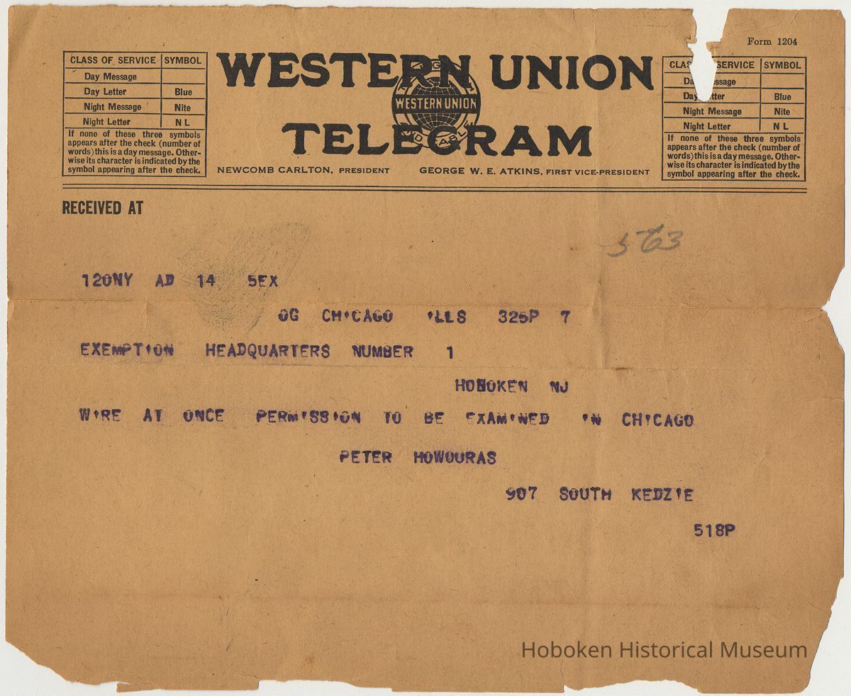 Telegram to Exemption Headquarters Number 1, Hoboken, from Peter Howouras, Chicago, n.d., ca. 1917-1918 re requesting permission to be examined in Chicago. picture number 1