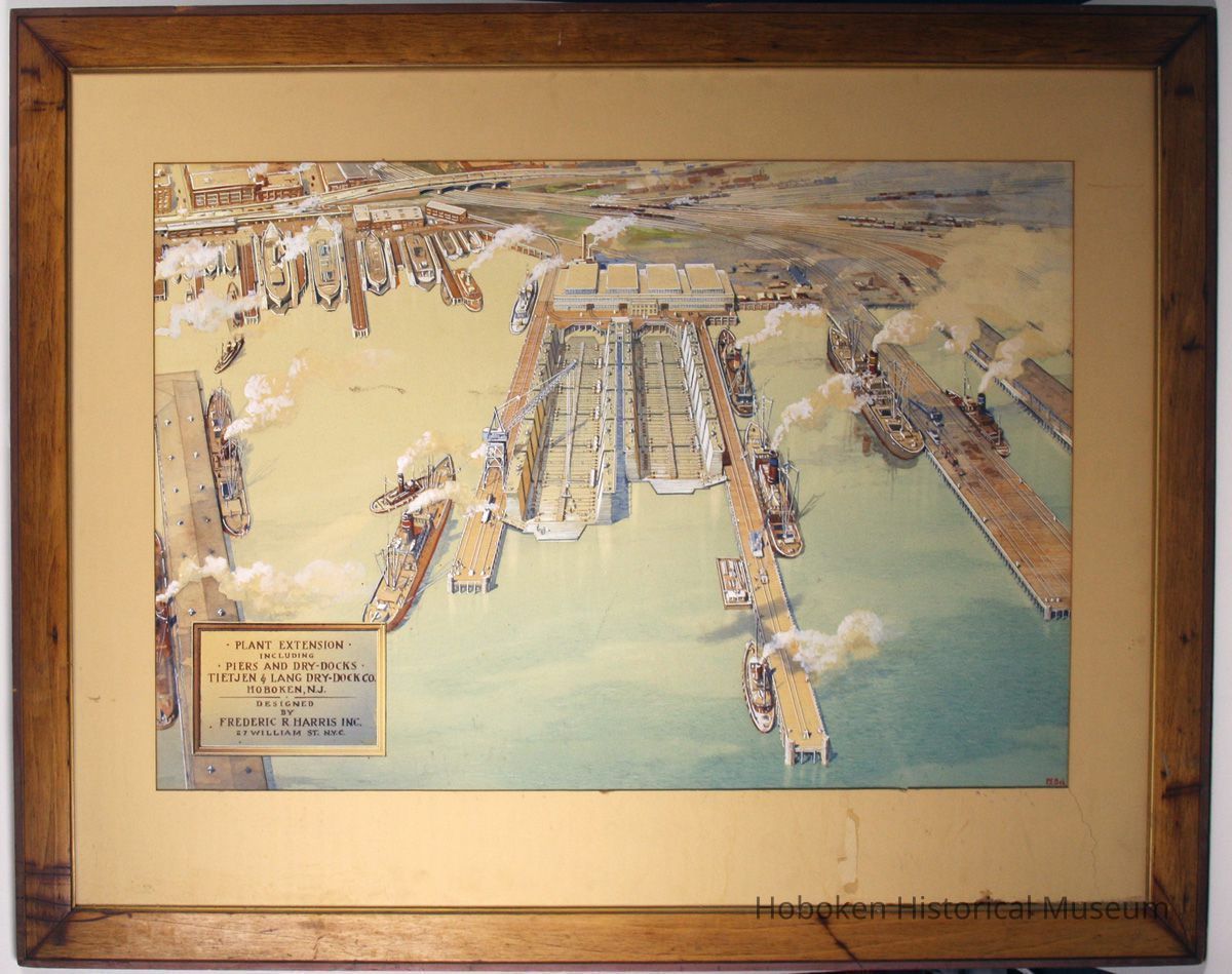 Watercolor rendering of Plant Extension including Piers and Dry-Docks, Tietjen & Lang Dry-Dock Co., Hoboken, N.J. Date is probably 1942. picture number 1