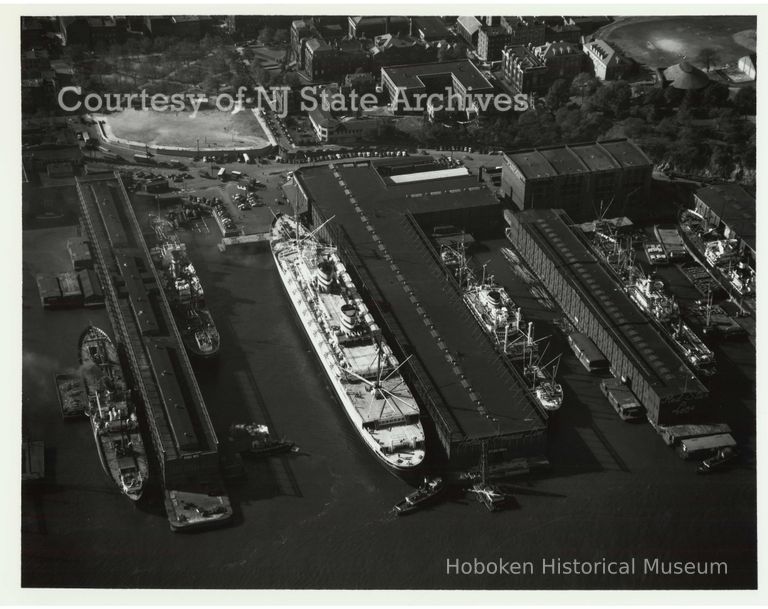 image aerial Holland America Lines piers, Oct. 14, 1948; Copyright: NJ State Archives