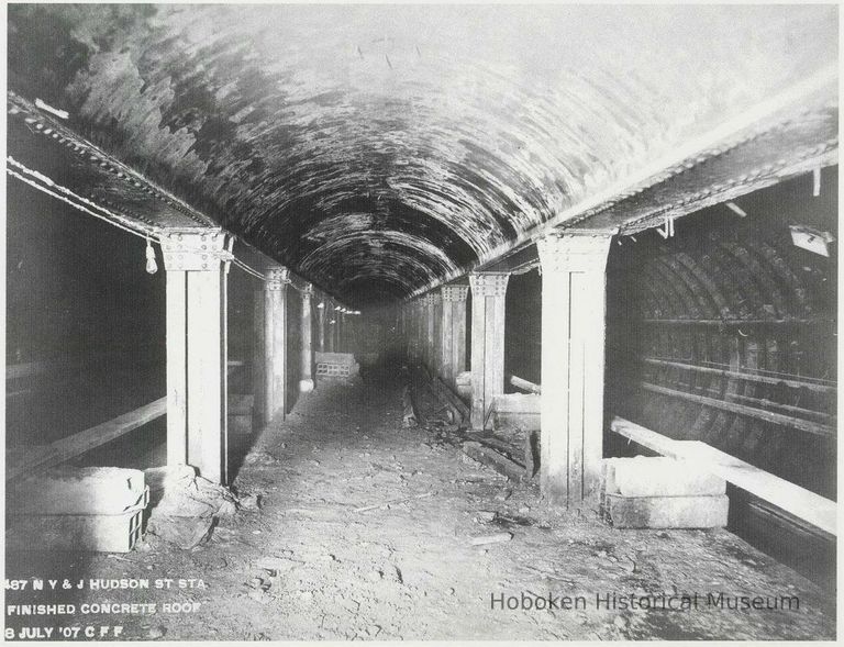 B+W copy photo of a photo documenting construction progress at the Hudson Street station of the Hudson & Manhattan Rail Road, NY, July 8, 1907. picture number 1