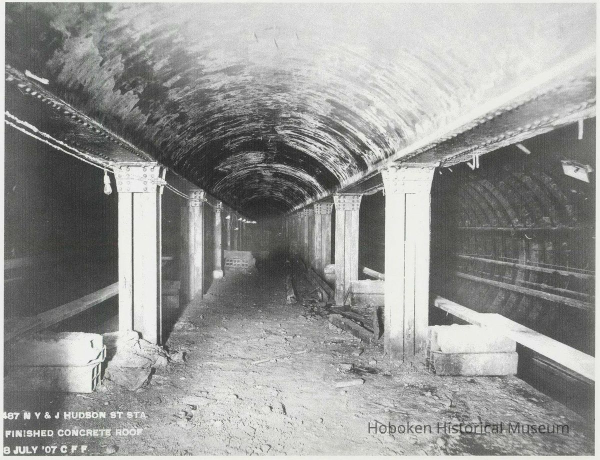 B+W copy photo of a photo documenting construction progress at the Hudson Street station of the Hudson & Manhattan Rail Road, NY, July 8, 1907. picture number 1