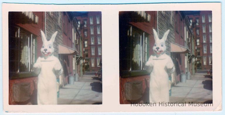 person in an Easter bunny costume standing in Willow Terrace