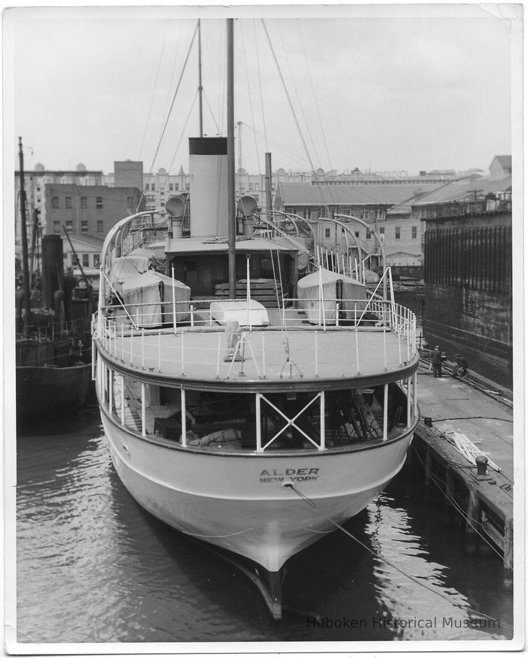 B+W photo of the stern of the S.S. Alder of New York, Hoboken, no date, ca. 1940. picture number 1