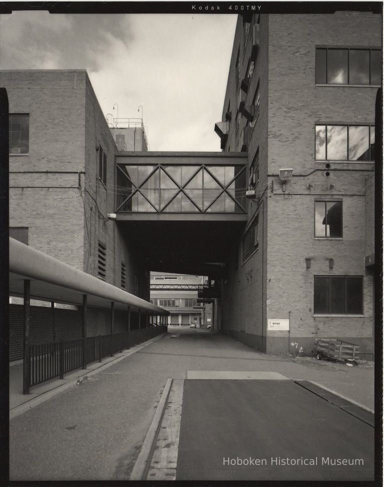 B+W photo of former Maxwell House Coffee plant exterior, looking north between Process Building & Soluble Building, Hoboken, 2003. picture number 1