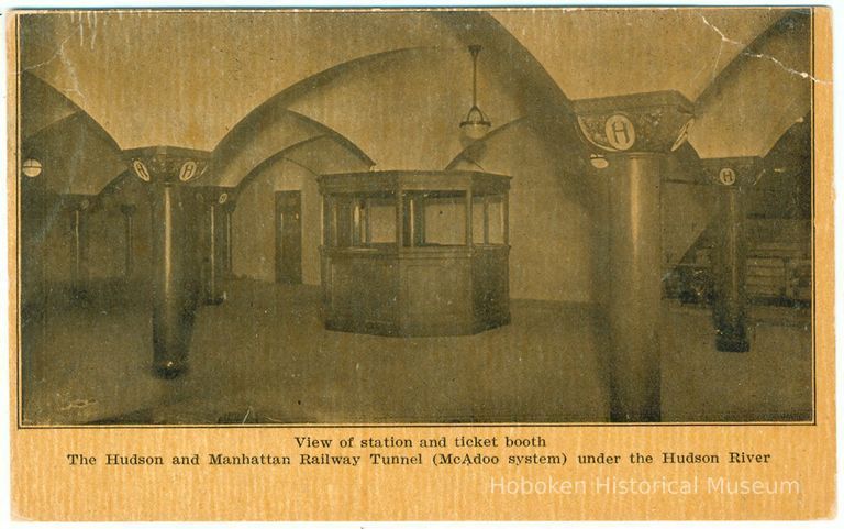 Digital image of Hudson & Manhattan R.R. postcard titled: View of station and ticket booth. 1908. picture number 1