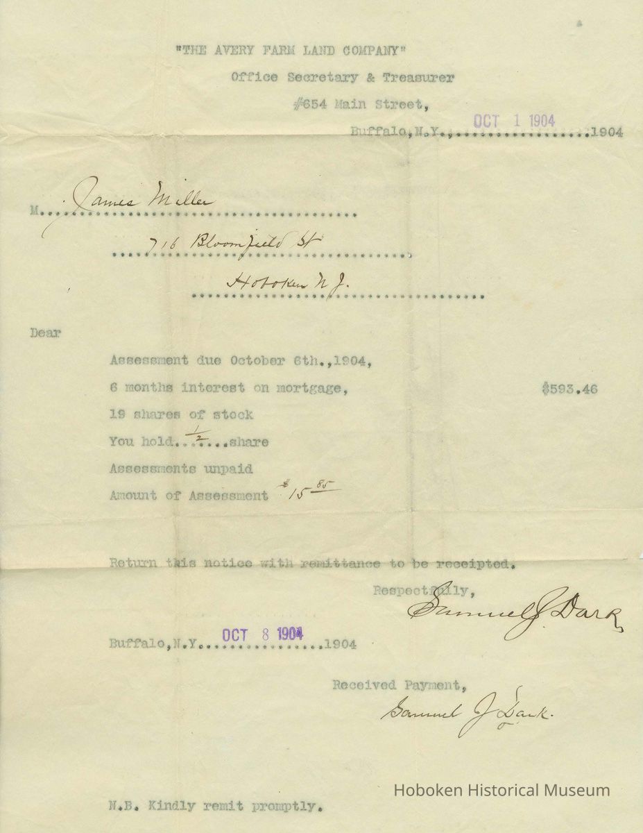 Bill to and receipt for James Miller from 