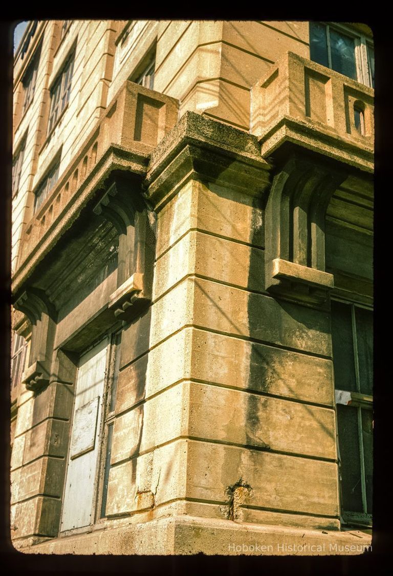 Color slide of detail view of quoins, balconets and brackets at 300 Adams formerly the Keuffel and Esser Manufacturing Complex picture number 1