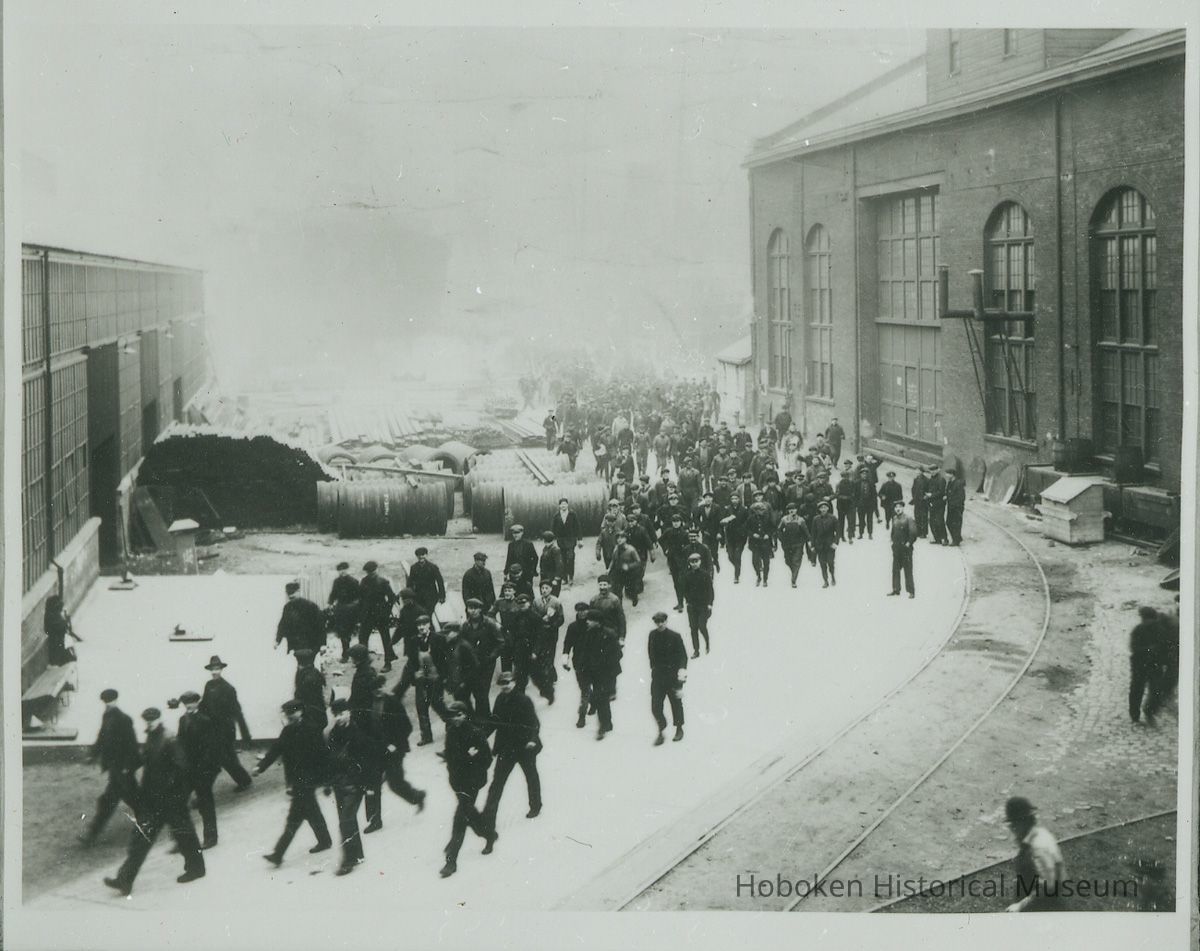 Digital image of photo of W.& A. Fletcher Company workers leaving shipyard, Hoboken, no date, ca. 1890-1900. picture number 1