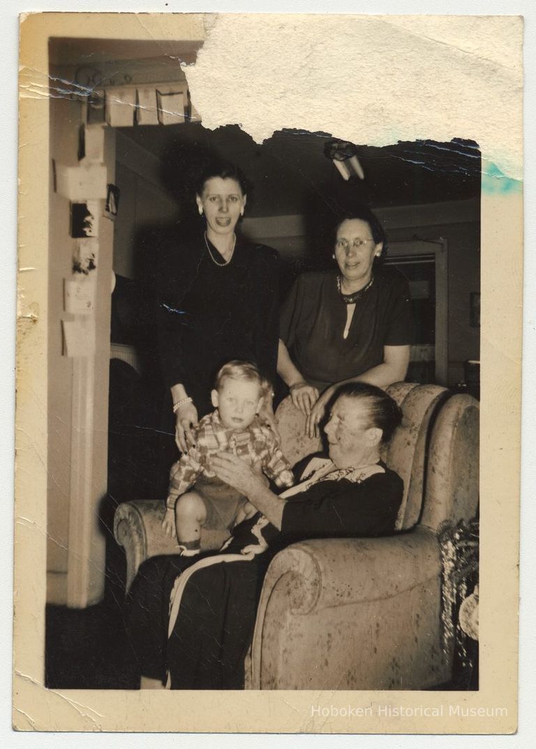 B+W photo Eileen (Smith) Thiel, Helen Smith, Billy Thiel & Bridget Roarty in 15 Willow Terrace, Hoboken, n.d., ca. 1948. picture number 1