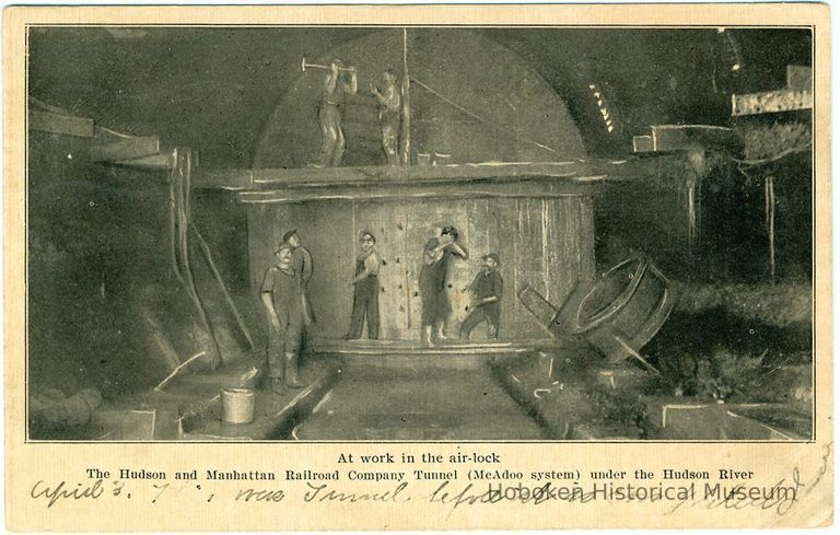 Digital image of Hudson & Manhattan R.R. postcard titled: At work in the air-lock. 1908. picture number 1