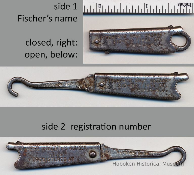 Button hook, advertising: Fischer's Shoe Bazaar, 210-212 First St., Hoboken, N.J. N.d., ca. 1903-1915. picture number 1