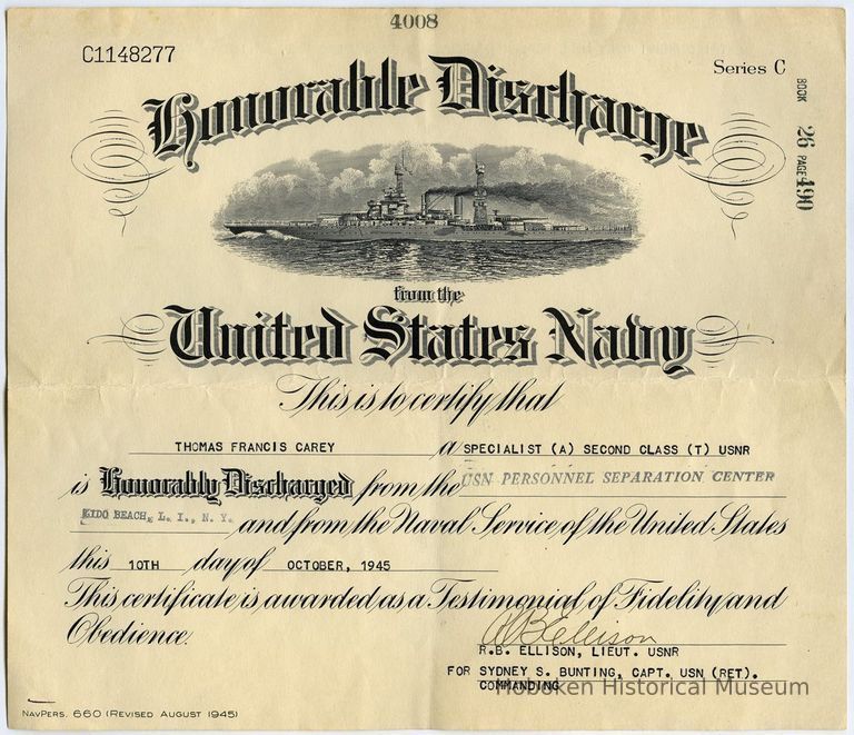 Certificate: Honorable Discharge from the U.S. Navy, Thomas Francis Carey, Oct. 10, 1945. picture number 1