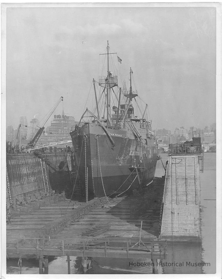 B+W photo of the freighter S.S. American Prince in drydock, Hoboken, no date, ca. 1940. picture number 1