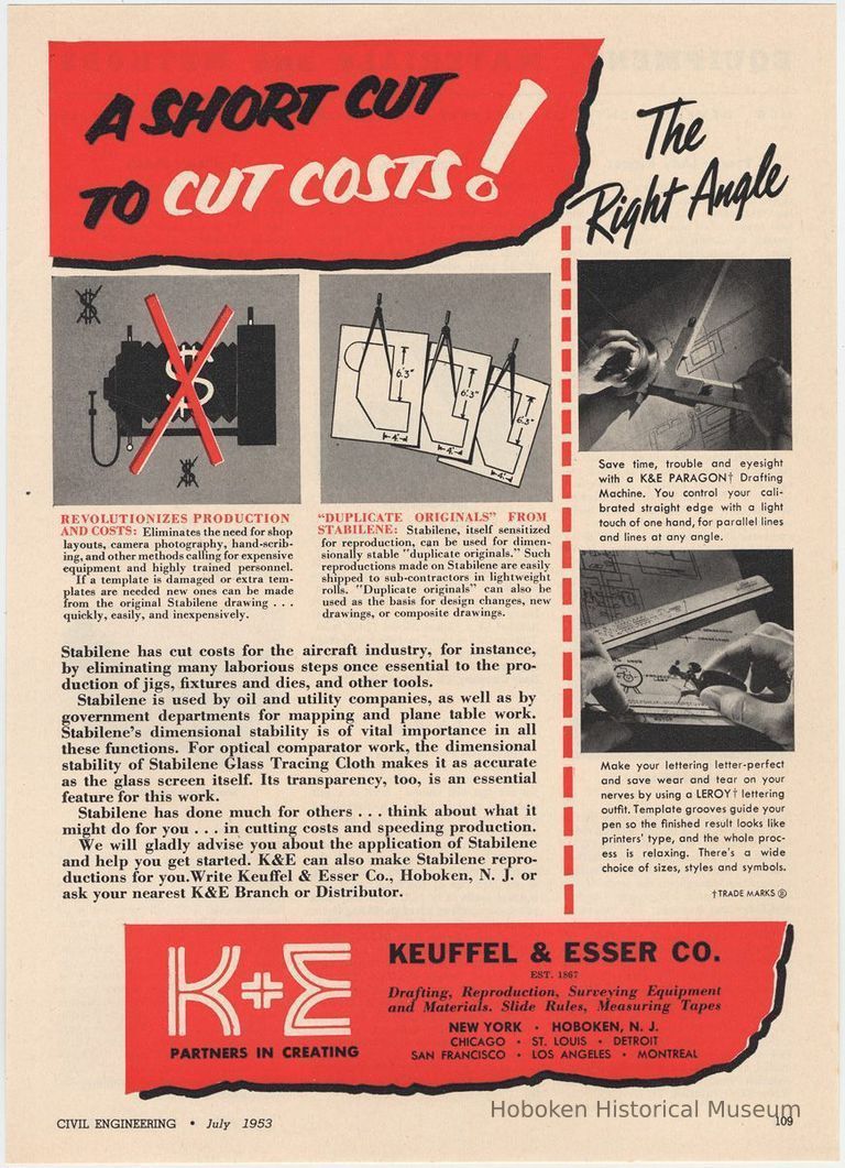 Ad for K&E Stabilene, Paragon Drafting Machine and Leroy lettering outfit; Civil Engineering, July 1953. picture number 1